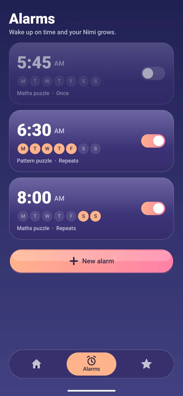 The alarms list with weekday and weekend alarms