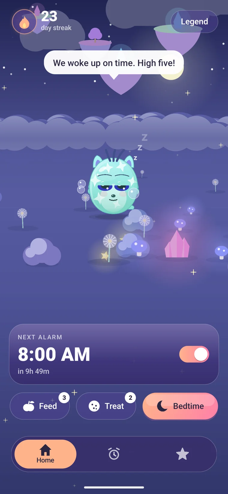 The Nimi world at night, glowing and calm, with a bedtime button